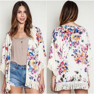 Umgee Floral Watercolor Kimono S Wrap Jacket Tassel Fringe Topper Art to Wear